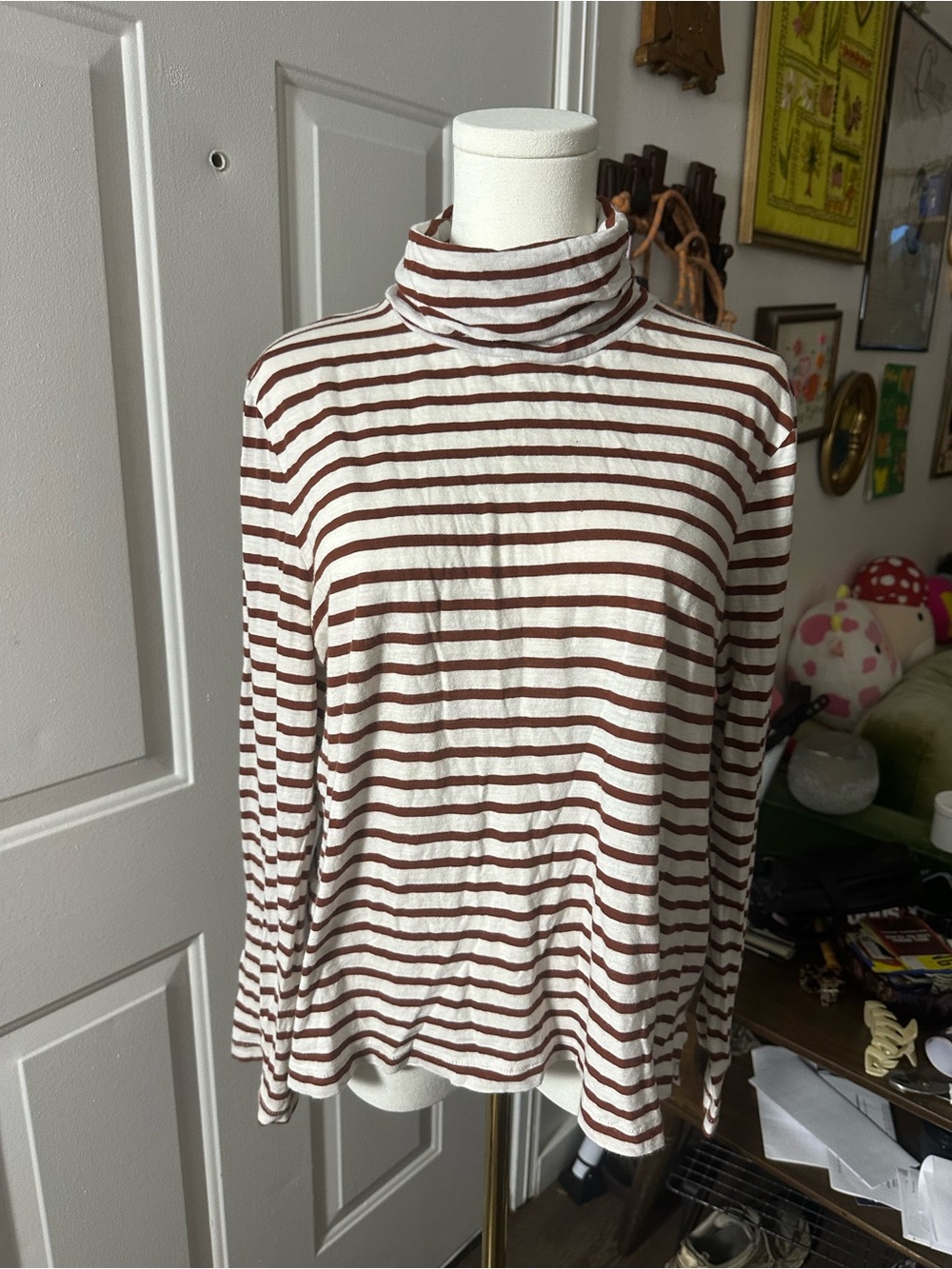 Madewell Cream and Brown Striped Turtleneck Long Sleeve Tee